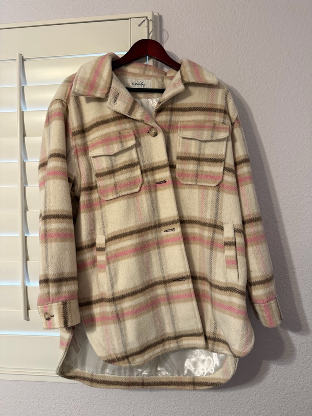 Women's Cream Plaid Shacket with Pink & Brown Stripes